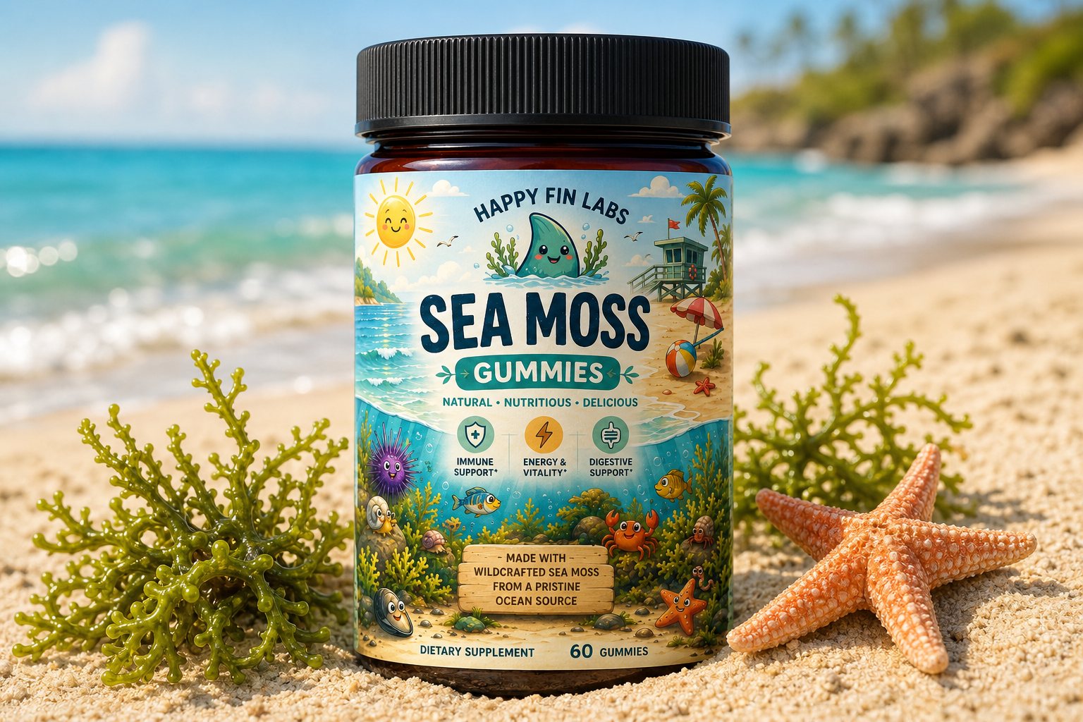 Wildcrafted sea moss on the shore